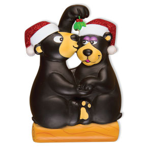 Bear Couple Kissing Under the Mistletoe Christmas Tree Personalized Ornaments