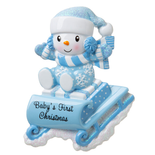 Snow Baby On Blue Sled Personalized Ornaments