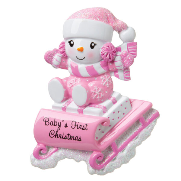 SNOW BABY ON PINK SLED PERSONALIZED ORNAMENT